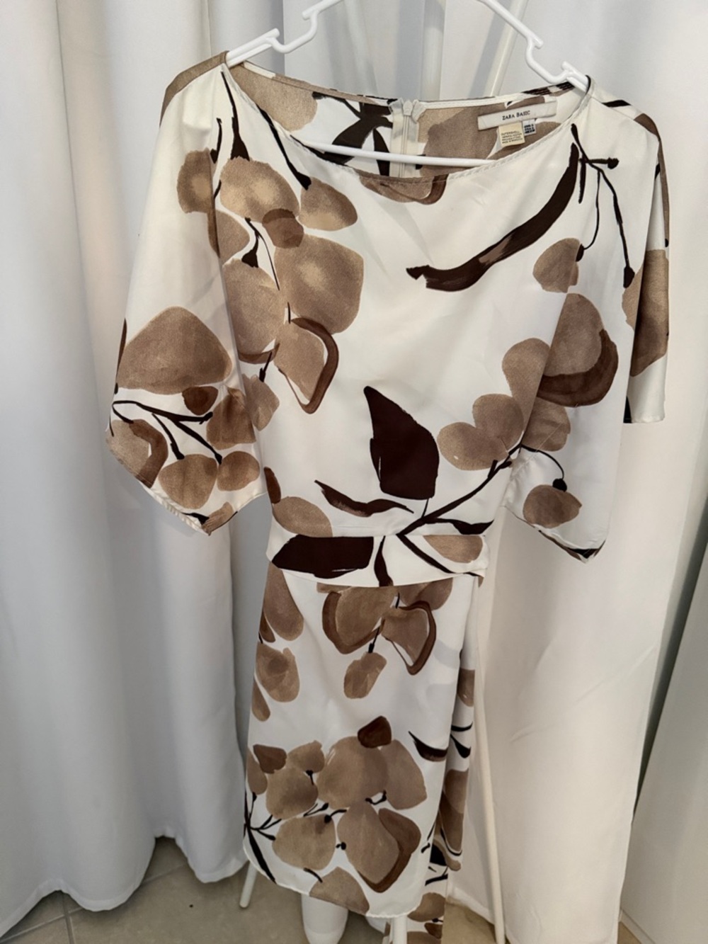 Zara White Dress with Beige and Brown Floral Print